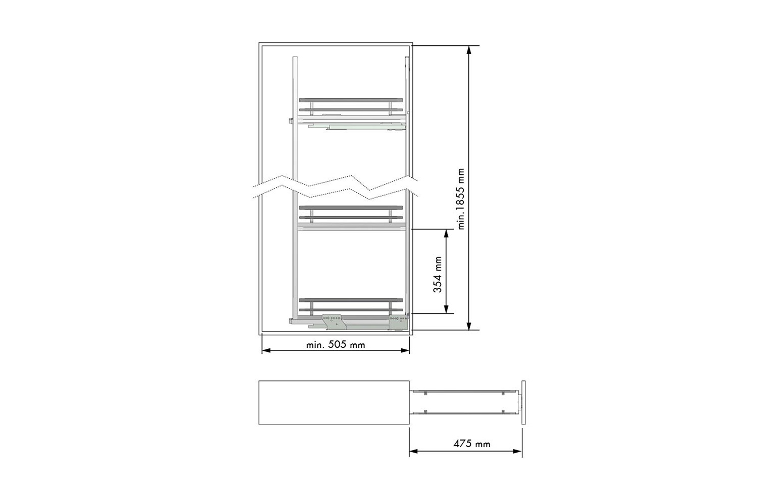 Apothekerskast verchroomd - h: 185cm  b: 15cm - 5 plateaus