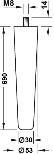 Eiken tafelpoot - konisch Ø53-30mm - lengte 690mm