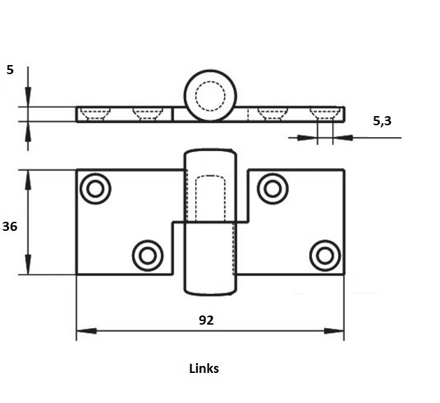 RVS scharnier A4 gepolijst 92x36x5mm - Links