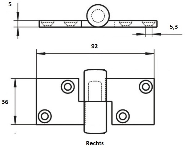 RVS scharnier A4 gepolijst 92x36x5mm - Rechts