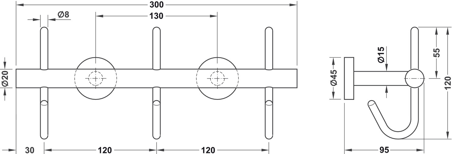 Wandgarderobe - RVS geborsteld - 300mm