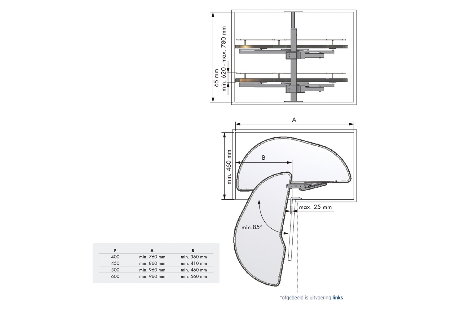 Zwenkplateau dolphin - 400mm - links - melamine/chroom